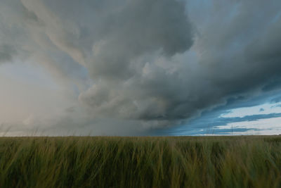 Scenic view of field against cloudy sky