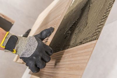 High angle view of person working on wood