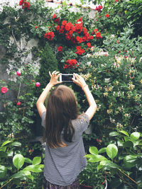 Rear view of woman photographing red flowers blooming in yard