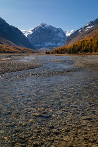 Scenic view of snowcapped mountains against sky