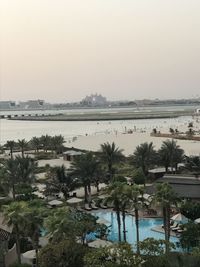 Scenic view of palm trees by lake against sky