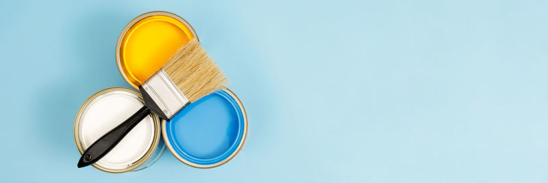 High angle view of shoes against blue background