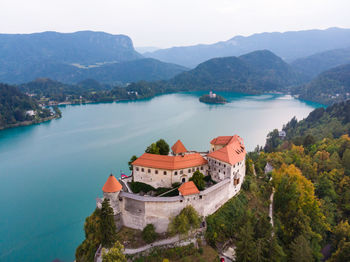 High angle view of buildings in sea