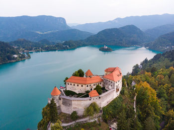 High angle view of buildings in sea