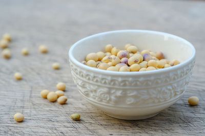 High angle view of eggs in bowl on table