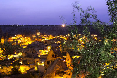 High angle view of illuminated buildings at night