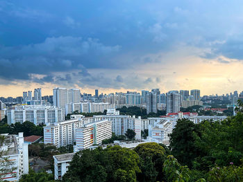 High angle view of buildings against sky during sunset