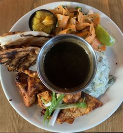 High angle view of meal served on table