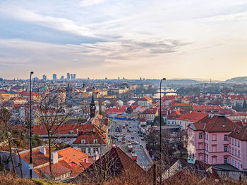 View of prague, its multiple bridges across the vltava river from the heights of the leten gardens.