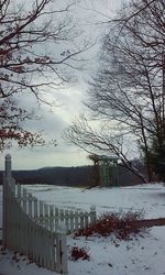 Bare trees on snow covered landscape against sky