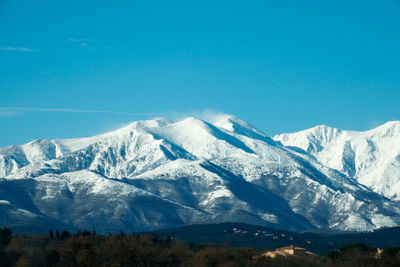 Scenic view of snowcapped mountains against clear blue sky