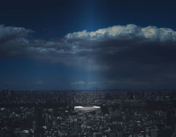 High angle view of buildings in city against sky