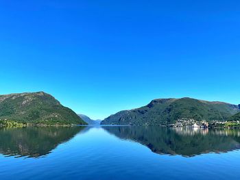 Scenic view of lake and mountains against clear blue sky