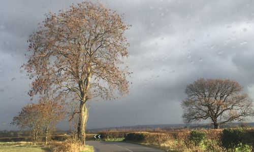 Road passing through field against cloudy sky