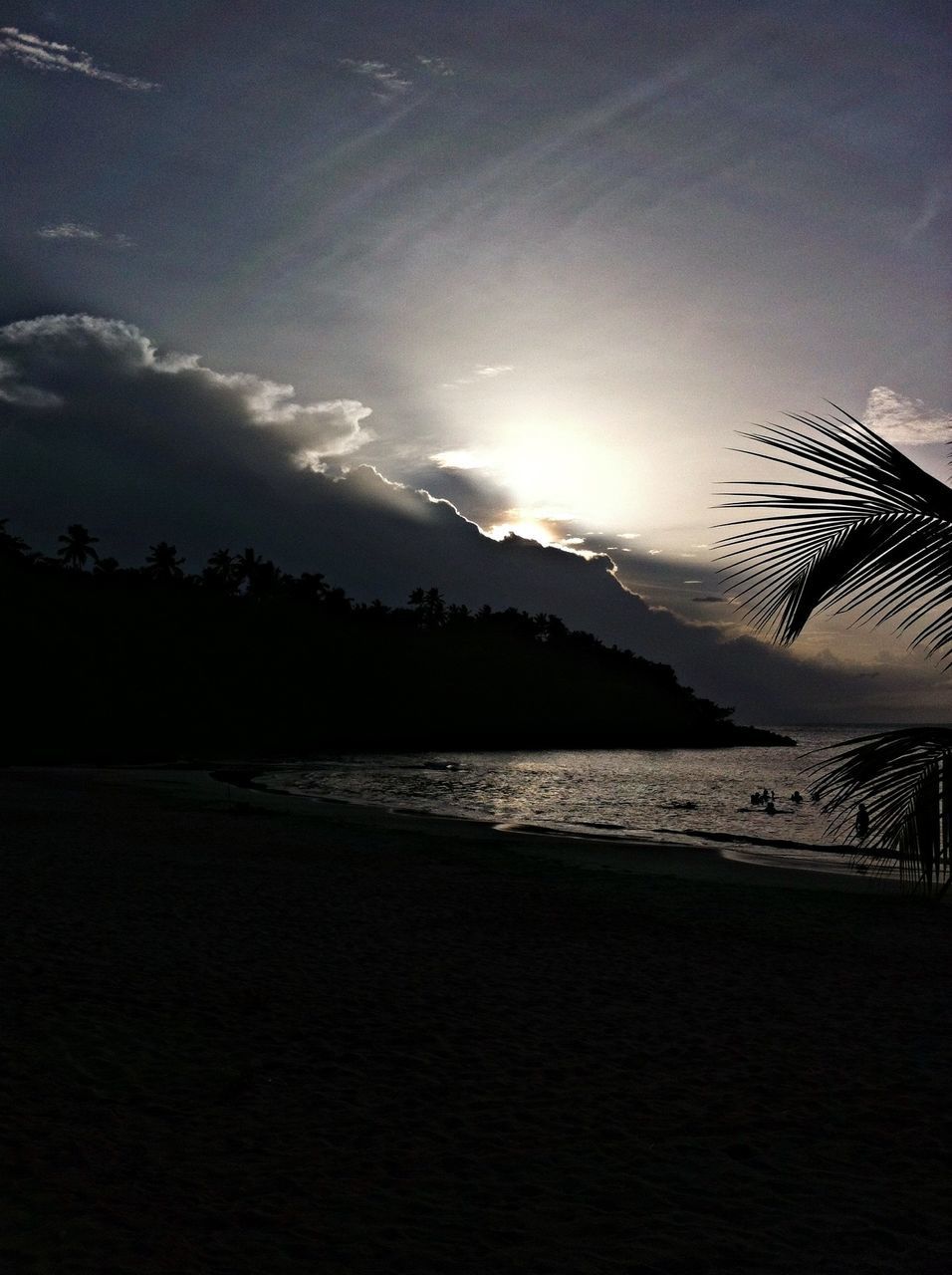 sea, beach, water, sky, tranquil scene, scenics, tranquility, beauty in nature, shore, silhouette, nature, palm tree, sand, idyllic, cloud - sky, horizon over water, sunset, dusk, outdoors, coastline