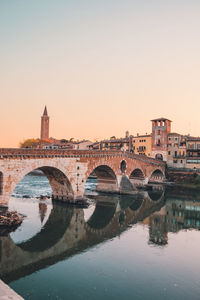 Arch bridge over river in city against clear sky