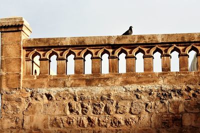 Low angle view of birds on old building against sky