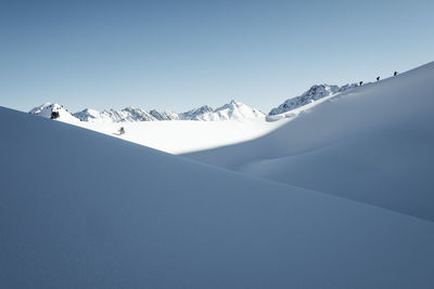 Scenic view of snowcapped mountains against clear sky