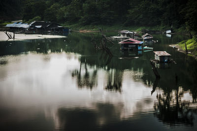 High angle view of boathouse in river