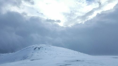 Snow covered landscape against cloudy sky