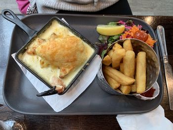 High angle view of food served on table