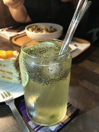 Close-up of drink in jar on table