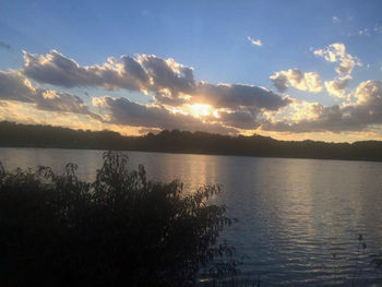 Scenic view of lake against cloudy sky