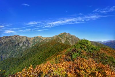 Scenic shot of mountain range against blue sky