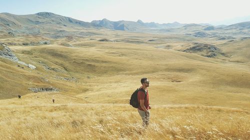 Rear view of man walking on land