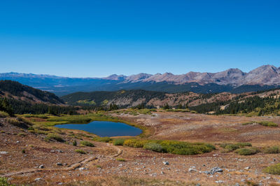 Scenic view of lake against clear blue sky