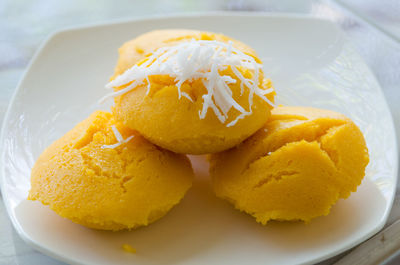 High angle view of dessert in plate