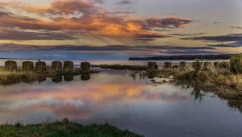 Scenic view of calm lake at sunset