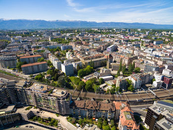 High angle shot of townscape against sky