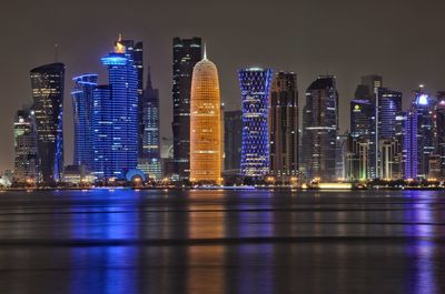 Illuminated buildings in city at night