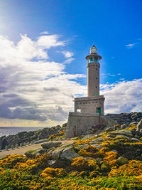 View of lighthouse by building against sky