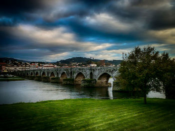 Bridge over river against cloudy sky