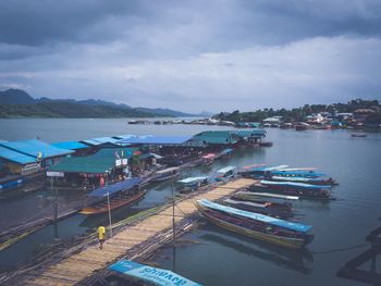 High angle view of harbor against sky