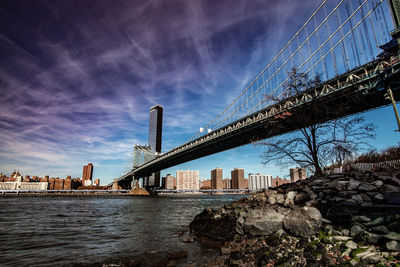 Bridge over river by buildings against sky