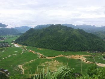 Scenic view of mountains against cloudy sky