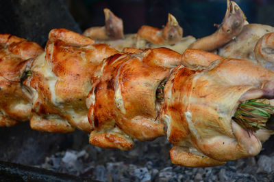 Close-up of meat on barbecue grill