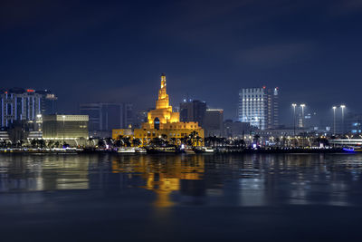Beautiful night view of fanar mosque night time from doha corniche