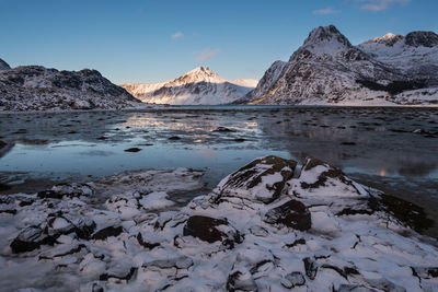 Scenic view of lake and mountains during winter