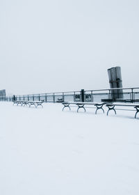 Scenic view of snow covered land against clear sky