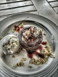 High angle view of dessert in plate on table