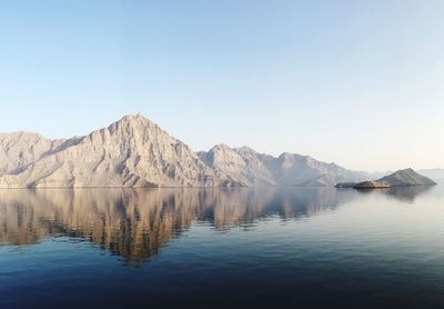 Scenic view of lake and mountains against clear sky