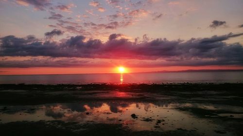 View of calm beach at sunset