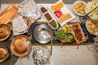 High angle view of food on table