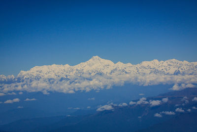 Scenic view of mountains against clear blue sky