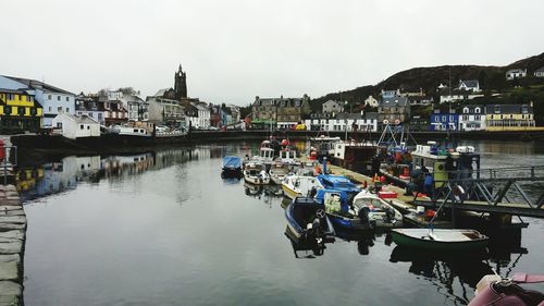 High angle view of boats moored in river