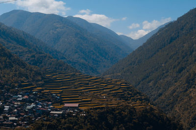 High angle view of mountain range against sky